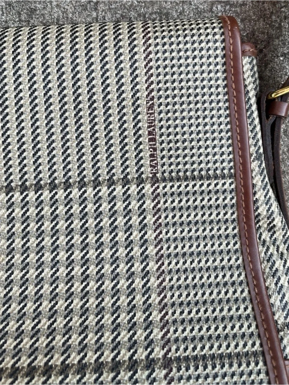VTG 90s Ralph Lauren Houndstooth Tweed Leather Crossbody Bag Fall Dark Academia